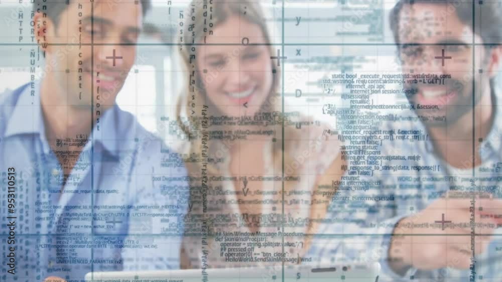 Poster business data and coding animation over diverse colleagues collaborating in office