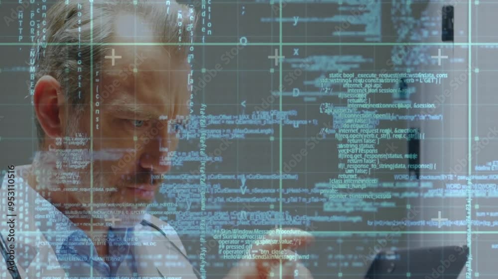 Aufkleber Programming code and data analysis animation over focused man using smartphone