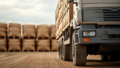 Close-up view of a loaded truck transporting cargo bags, with a warehouse stacked with goods in the background, under a cloudy sky.