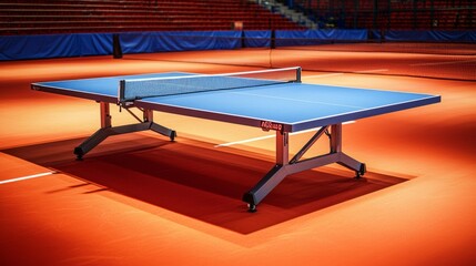 Blue table tennis or pingpong table is settle on red, orange floor of indoor court stadium for competitions tournament.