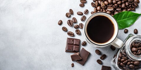 Obraz premium Top view of coffee in a cup. Scoop of coffee beans in a bag, leaves and chocolate on dark and bright background. Copy space for text