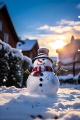 Obraz premium Snowman in an urban scenery with snow-covered streets and buildings in background