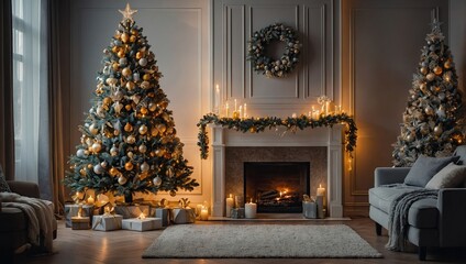 New year cozy home interior with christmas tree and garlands 