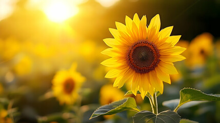 Fototapeta premium Sunflower in a Field of Yellow Flowers During Sunset
