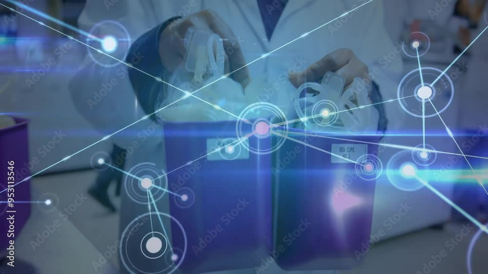 Poster handling lab equipment, scientists with network of connections and data processing animation