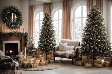 New year tree in scandinavian style interior with christmas decoration