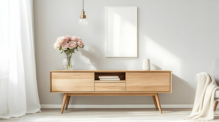 Modern Living Room Decor Ideas:  Light Wood Cabinet, Pink Roses, and White Frame