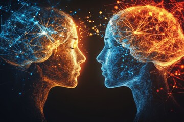 Obraz premium Two profiles with contrasting blue and orange glowing brain patterns symbolizing the duality of thought the balance of ideas and cognitive harmony