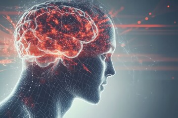 A profile with a glowing brain symbolizing the intensity of thought the brilliance of ideas and the clarity of intellectual insight