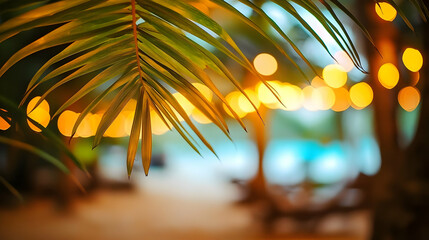 Palm Leaf Silhouette with Blurred Lights and Water Background