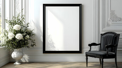 Elegant Living Room Interior Design with Black Chair and Frame Mockup