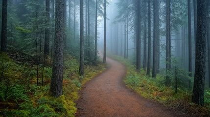 Obraz premium A path through a forest with trees and leaves on the ground