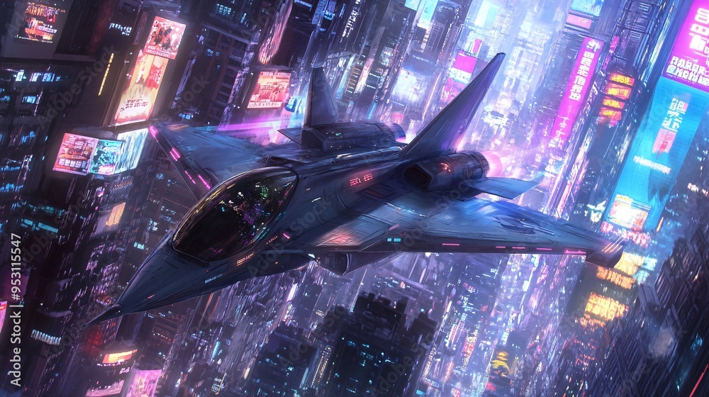 Wall mural futuristic fighter jet, angular design with energy shields, flying through a high-tech cityscape, highly detailed with metallic surfaces and glowing edges, side angle emphasizing the jet's advanced