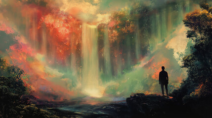 Fototapeta premium A man stands on a rock overlooking a waterfall