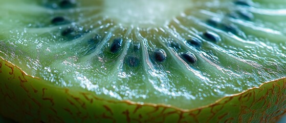 Up close, the vivid green hue and distinctive seed pattern of a fresh kiwi slice are displayed.