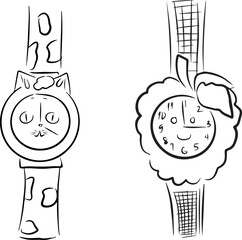 vector illustration of children's clock with hands, cat and raspberry style, cute design, drawn in line art style. Icon for packaging. stickers, labels.