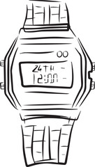 Vector illustration of sports watch, travel watch, with electronic dial, a wristwatch in line art style, black and white version. Minimalism, modern design, suitable for packaging, labels, stickers.