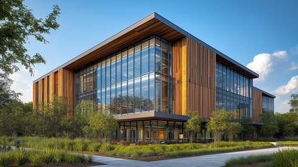 Fototapeta premium A large building with a lot of windows and a wooden facade
