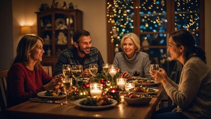  Photo of full family gathering sitting around dinner table communicating x-mas party tradition all together 