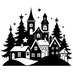 Obraz premium Christmas village Black silhouette Vector Illustration with white background