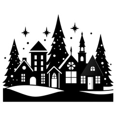 Fototapeta premium Christmas village Black silhouette Vector Illustration with white background
