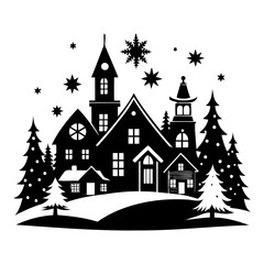Obraz premium Christmas village Black silhouette Vector Illustration with white background