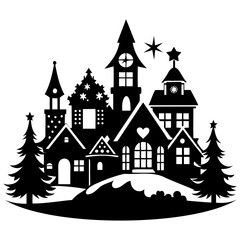Fototapeta premium Christmas village Black silhouette Vector Illustration with white background