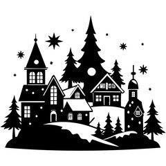 Christmas village Black silhouette Vector Illustration with white background