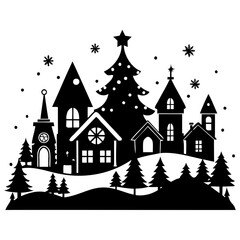 Christmas village Black silhouette Vector Illustration with white background