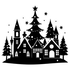 Christmas village Black silhouette Vector Illustration with white background