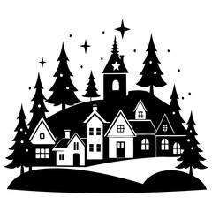 Fototapeta premium Christmas village Black silhouette Vector Illustration with white background