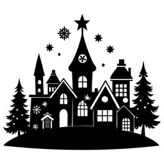 Obraz premium Christmas village Black silhouette Vector Illustration with white background