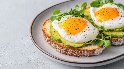 Avocado toast garnished with microgreens and poached eggs, nutrientrich breakfast, healthy eating concept