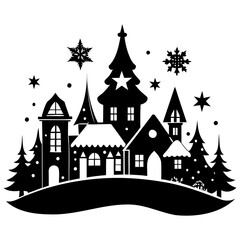 Christmas village Black silhouette Vector Illustration with white background