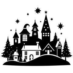 Obraz premium Christmas village Black silhouette Vector Illustration with white background