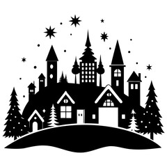 Obraz premium Christmas village Black silhouette Vector Illustration with white background