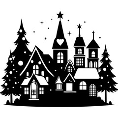 Fototapeta premium Christmas village Black silhouette Vector Illustration with white background