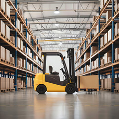 Naklejka premium Yellow forklift truck carrying cardboard box is passing between shelves in a modern warehouse