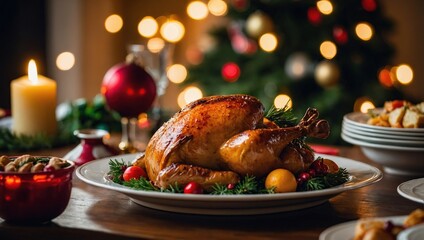 Placing food on the table for family Christmas dinner