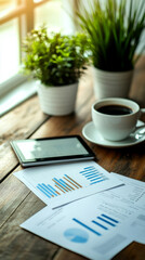  financial reports, a tablet, and a cup of coffee. AI generative.