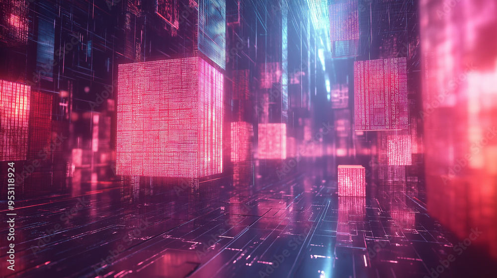 Canvas Prints A futuristic cityscape with neon lights and buildings made of cubes