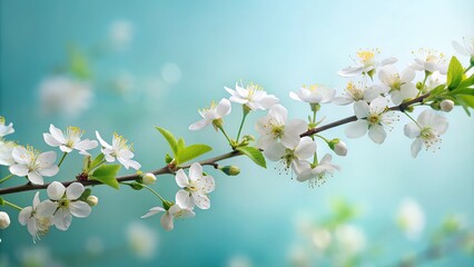 A branch with white flowers against a blue background