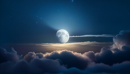 "A night illuminated by the moon. Wispy clouds veil much of the moon, but beams of light pierce through