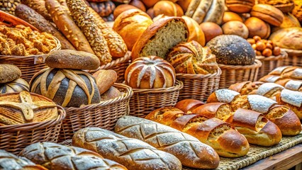 A colorful display of freshly baked bread at a lively market, with an assortment of shapes, sizes, and textures in baskets for customers to pick their favorites