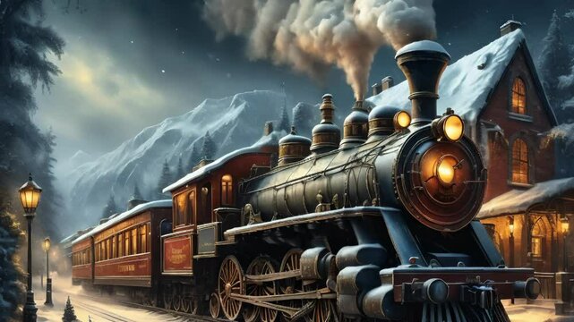 Christmas Train in Winter Landscape with Snowy Mountains