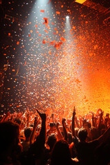 Concert with falling confetti. AI generative.