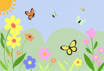 Garden Scene Drawings Children may draw blooming flowers buzzing