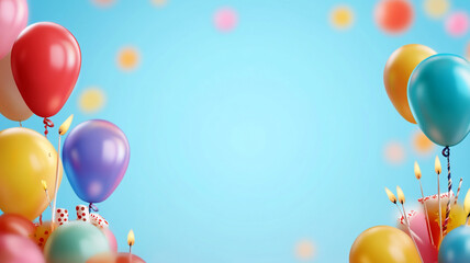 Cheerful celebration with colorful balloons and festive decorations set against a bright blue background