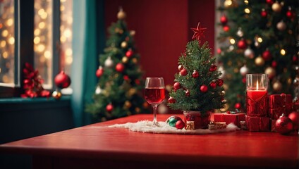 Red table with a Christmas tree