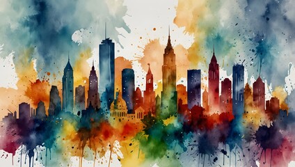 Vibrant watercolor cityscape with modern skyscrapers for world cities day